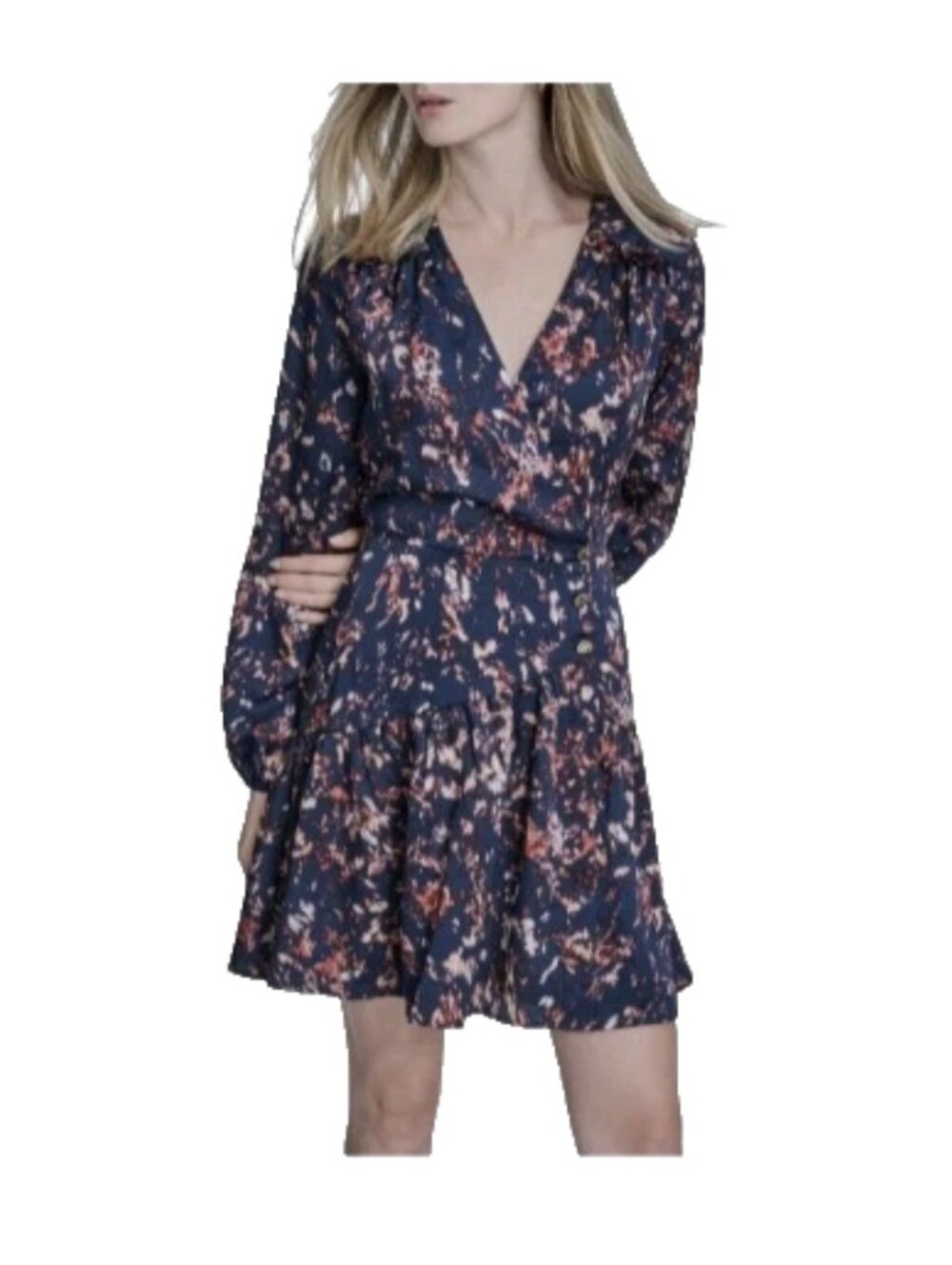 BCBG V Neck Balloon Sleeve Wrap Mini Dress Abstract Print Navy Women's 12 NWT